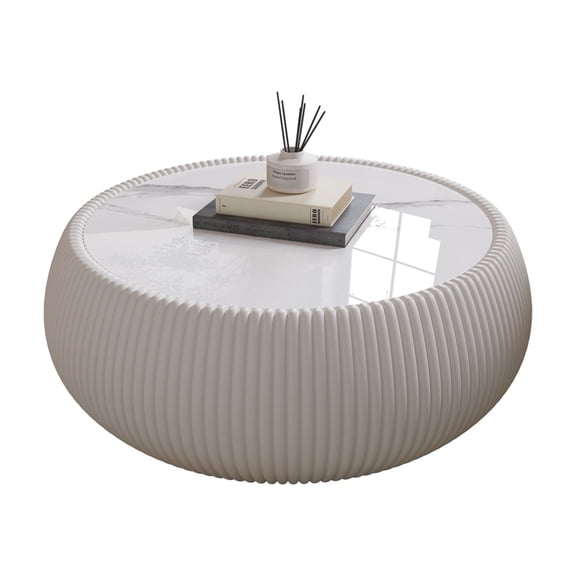 27.55" White Round Coffee Table, Drum Coffee Table with Sintered Stone Tabletop and Fluted PU Leather Covered and Stable Base, Circle Cocktail Tea Table for Living Room