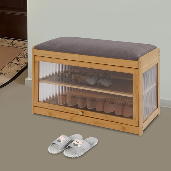 27.56*12.6*16.53 Log Color Floorstanding Rectangular Entryway Shoe Rack Bench with Cushion Storage Space