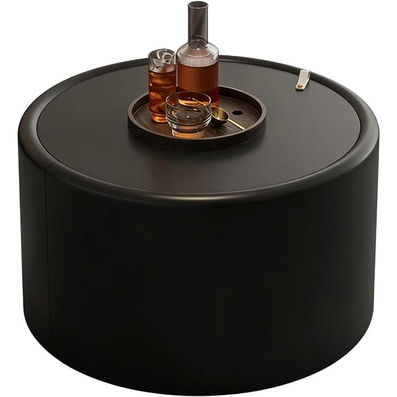 27.56" Black Round Coffee Table with Hidden Storage, Drum Coffee Table with Tempered Glass Top and PU Leather Body, Circle Cocktail Tea Table for Living Room, No Assemble