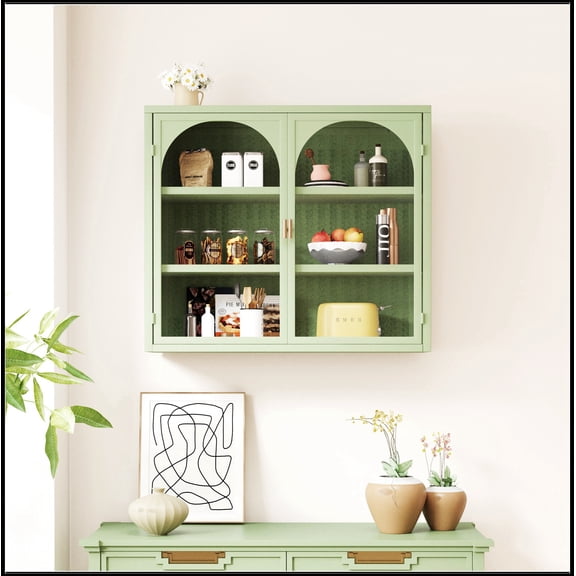 27.56"Glass Doors Modern Two-door Wall Cabinet with Featuring Three-tier Storage for Entryway Living Room Bathroom Dining Room,Wall Cabinet with Characteristic Woven Pattern,Green
