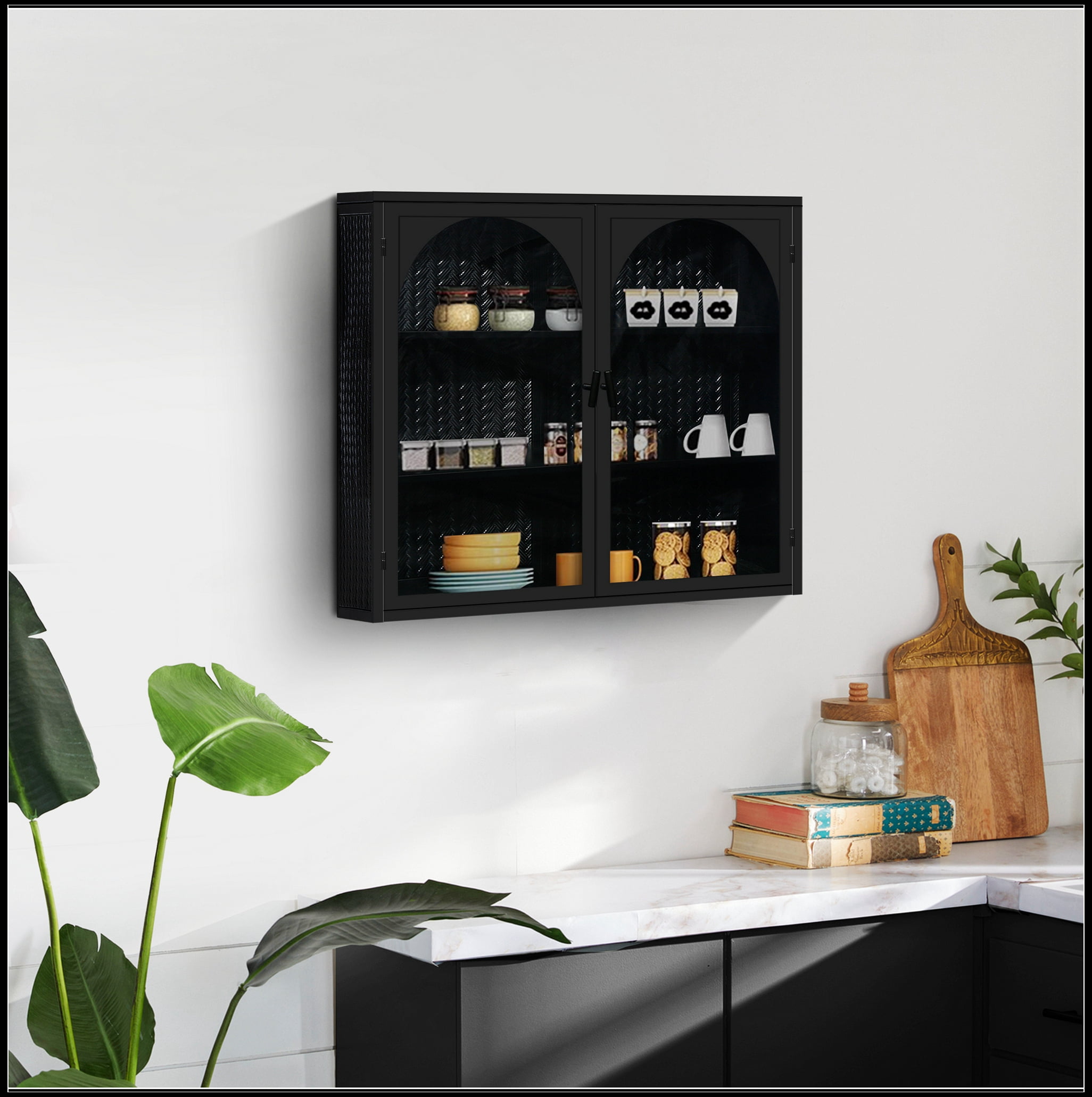 27.56"Glass Doors Modern Two-door Wall Cabinet with Featuring Three-tier Storage for Entryway Living Room Bathroom Dining Room,Wall Cabinet with Characteristic Woven Pattern,Black