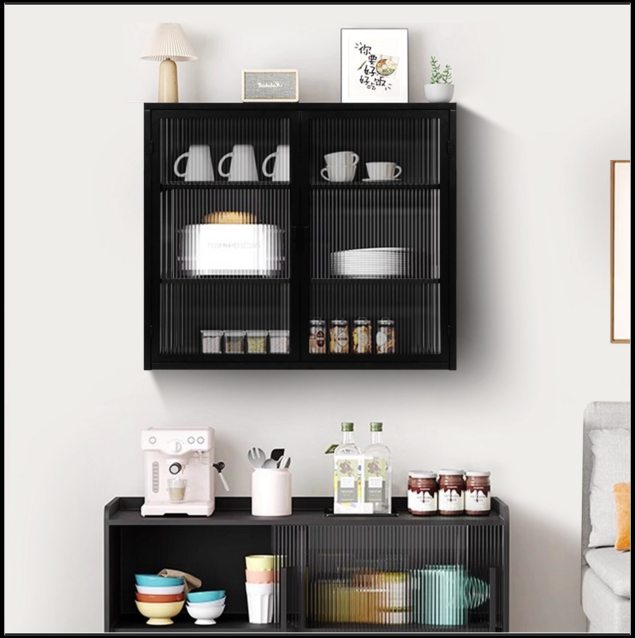 27.56"Glass Doors Modern Two-door Wall Cabinet with Featuring Three-tier Storage for Entryway Living Room Bathroom Dining Room,Black