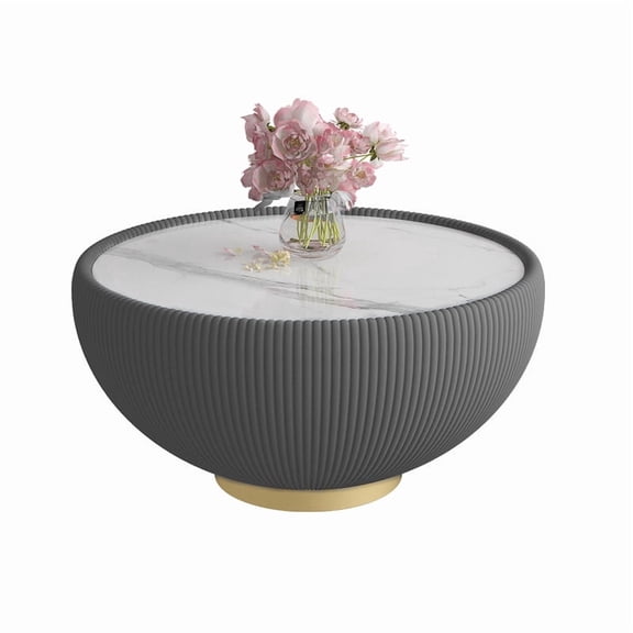 27.56" Grey Round Coffee Table, Bowl Coffee Table with Sintered Stone Tabletop and Fluted PU Leather Covered and Metal Base, Circle Cocktail Tea Table for Living Room