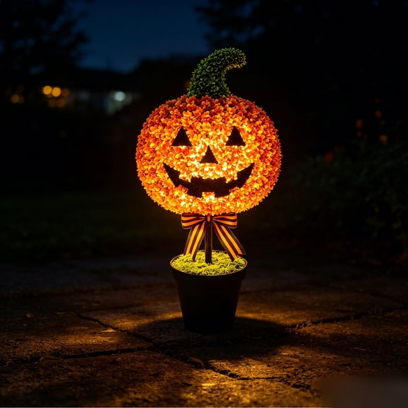 27.56" Halloween Pumpkin Shaped Artificial Topiary Trees，Spooky Brown Pumpkin Boxwood Potted Plant,  Fake Tree for Thanksgiving Autumn decoration