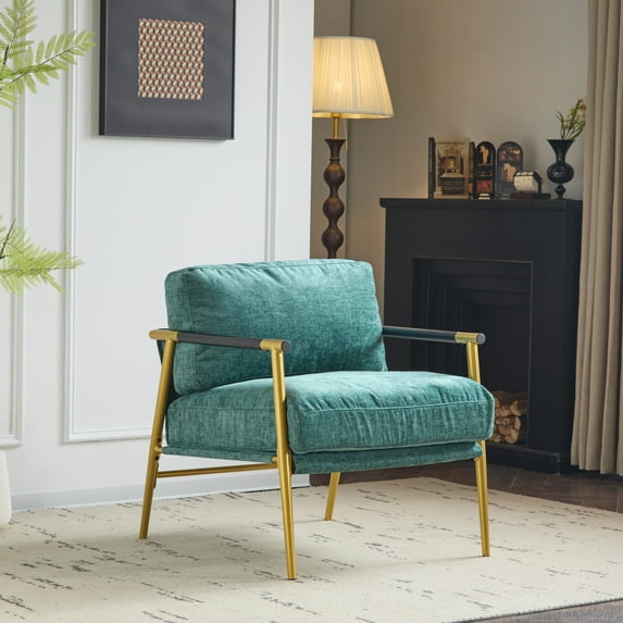 27.56" Modern Accent Chair Plush Cushions, Minimalist Metal Frame, and Wooden Armrests for Cozy Living Room & Office Seating | Stylish Home Decor