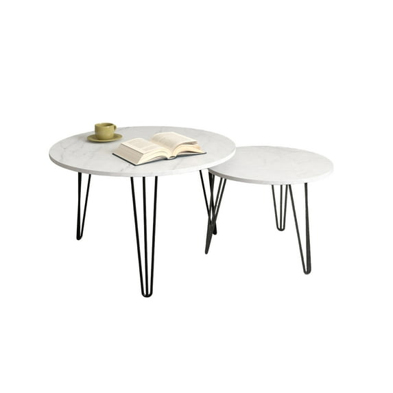 27.56'' Round Nesting Coffee Table Set of 2, Circular Nesting End Table Set, Round Marble Tabletop, and Sturdy Metal Base for Living Room, bedroom, White