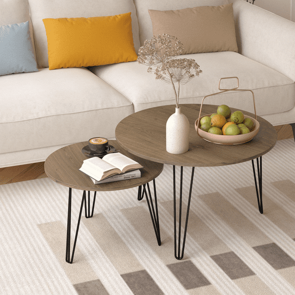 27.56'' Round Nesting Coffee Table Set of 2, Marble Tabletop Accent End Tables with Sturdy Metal Base, Black Nesting Side Tables for Living Room Bedroom
