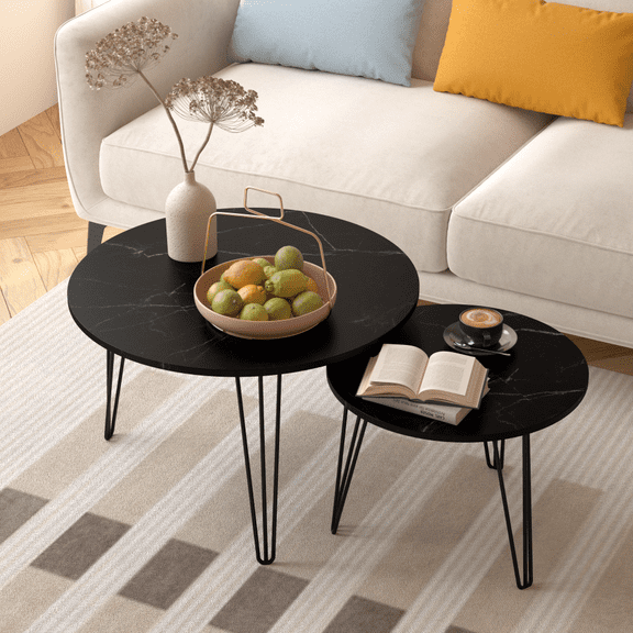 27.56'' Round Nesting Coffee Table Set of 2, Marble Tabletop Accent End Tables with Sturdy Metal Base, Black Nesting Side Tables for Living Room Bedroom