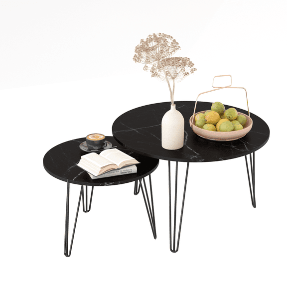 27.56 Round Nesting Coffee Table Set of 2, Circular Nesting End Table Set with Marble Tabletop and Sturdy Metal Base for Living Room, Bedroom, Black