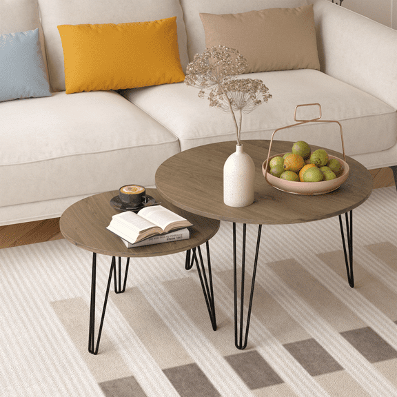 27.56" Round Nesting Coffee Table Set of 2, Modern Circular Coffee Tables Set for Living Room, Bedroom, Brown