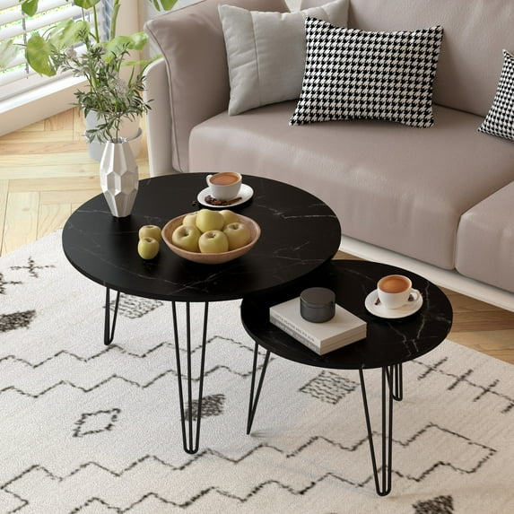 27.56'' Round Nesting Coffee Table Set of 2,Wooden End Table Set, with Metal Base for Living Room,Bedroom,Black