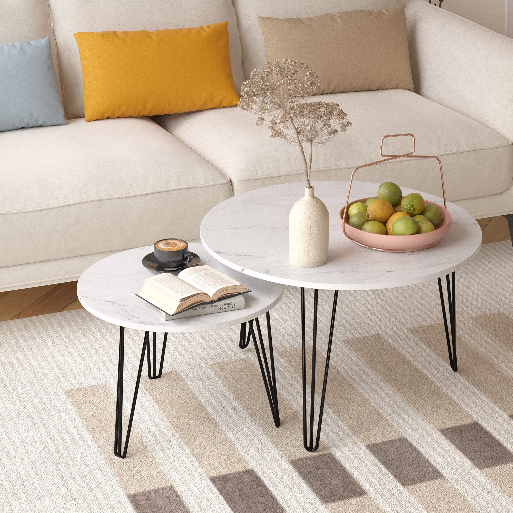 27.56'' Round Nesting Coffee Table Set of 2,Wooden End Table Set, with Metal Base for Living Room,Bedroom,White