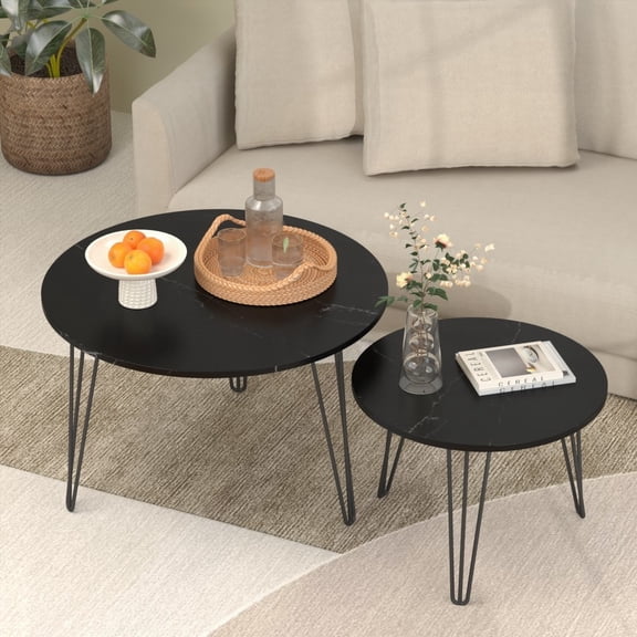 27.56'' Round Nesting Coffee Table Set of 2 with Circular Marble Tabletop and Sturdy Metal Base for Living Room and Bedroom - Black
