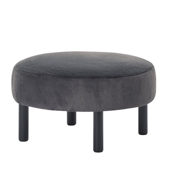 27.56 Round Ottoman with Faux Rabbit Fur, Solid Wood Legs, Multifunctional Footrest and Extra Seat for Living Room Home Office, Dark Gray