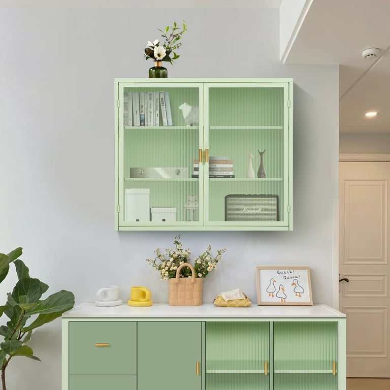 27.56 Two door Wall Cabinet with Modern Glass Doors Featuring Three tier Storage for Entryway Living Room Bathroom or Dining Room Mint Green Walmart