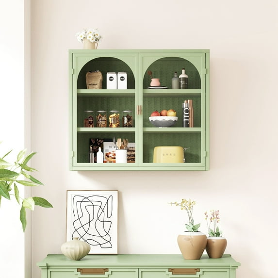27.56"Wall Cabinet with Tempered Glass Doors, Bathroom Wall Storage Cabinet with Detachable Shelves for Office, Dining, Living Room, Kitchen and Bathroom, Green
