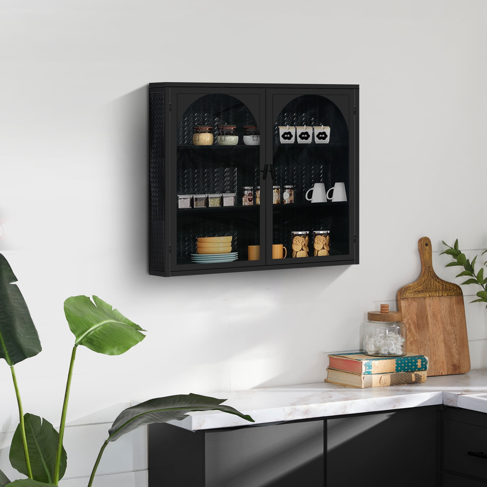 Black Tempered Glass Two-Door Wall Cabinet with Adjustable Shelving