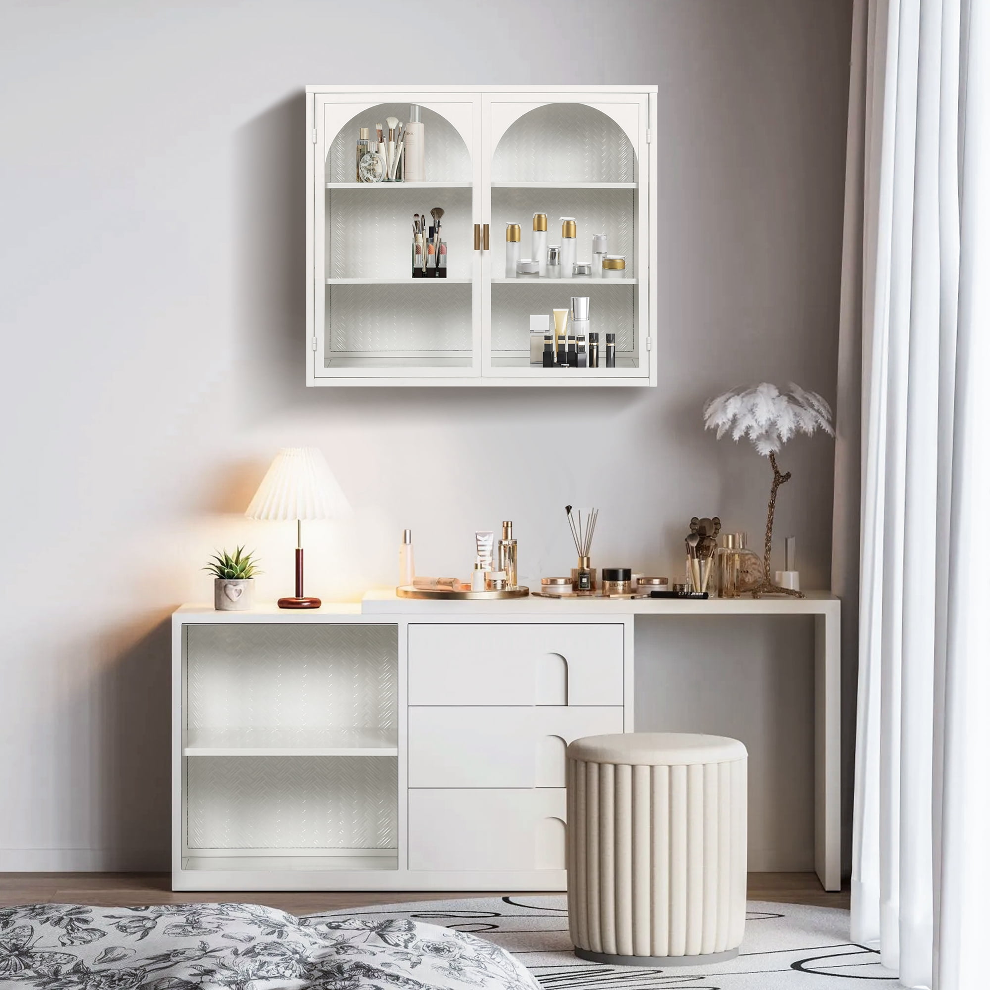 27.56"Wall Cabinet with Tempered Glass Doors, Bathroom Wall Storage Cabinet with Detachable Shelves for Office, Dining, Living Room, Kitchen and Bathroom,White