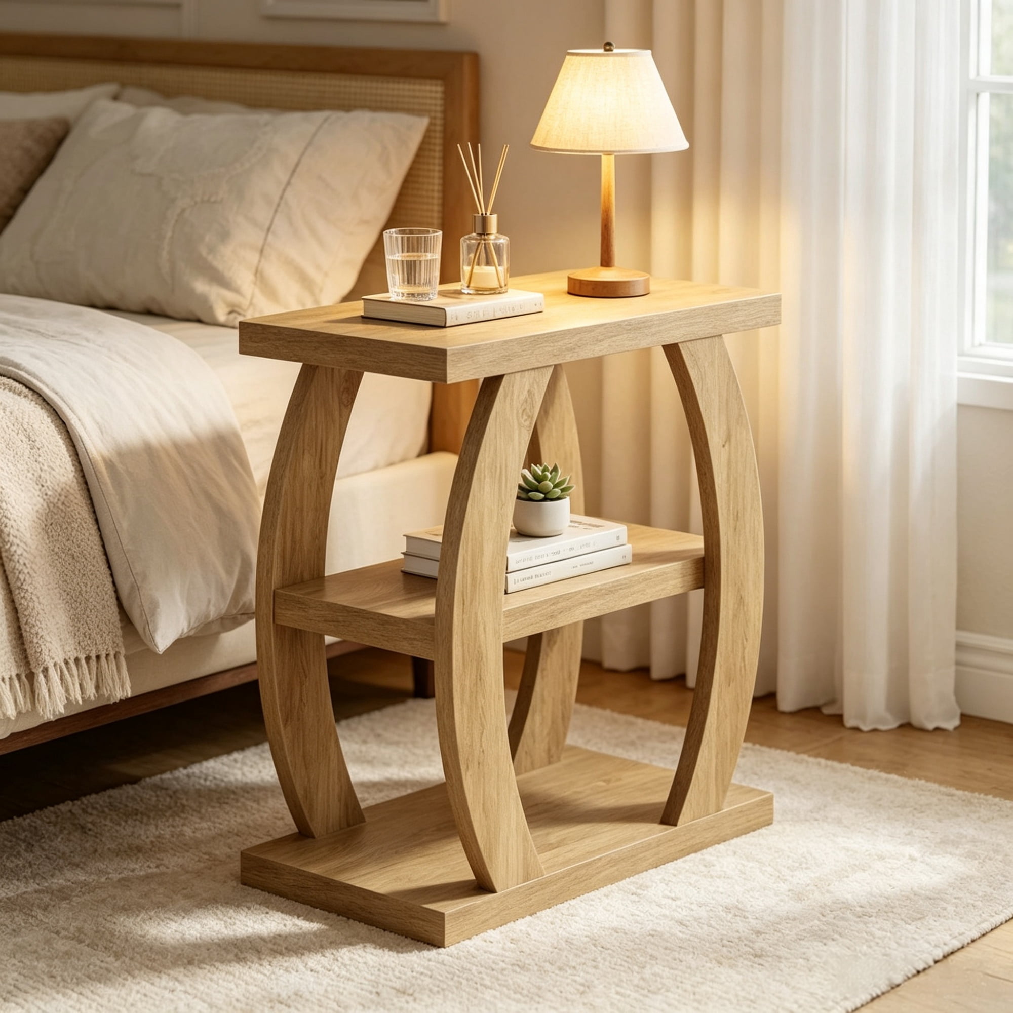 27.56 in End Table, 3-Tier Farmhouse Side Table with Geometric Metal Frame, Rustic Accent Table for Living Room, Bedroom & Sofa