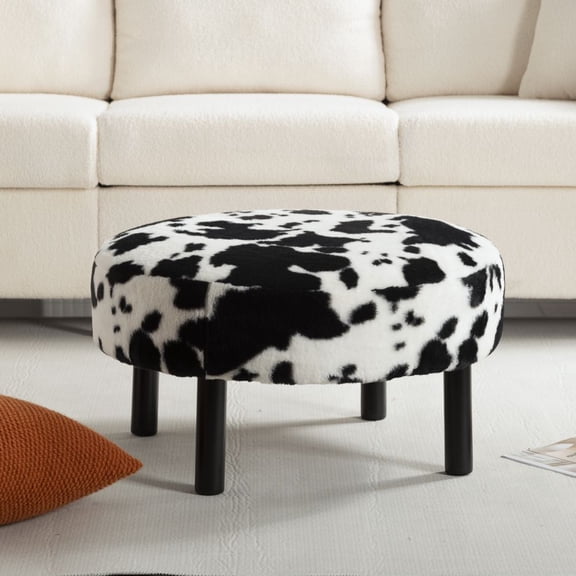 27.56 inch Round Faux Rabbit Fur Ottoman, Cow Print Upholstered Foot Stool with Solid Rubber Wood Legs, Multipurpose Extra Seat Footrest for Living Room Bedroom