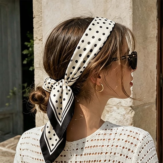 27.56in x 27.56in Beige Polka Dot Satin Headscarf for Women - Large Square Silk Like Neck Scarf, Breathable Hair Wrap Bandana for Daily Fashion, All Season Accessory