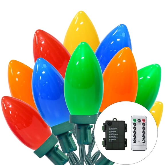 27.5Ft C9 LED Battery Operated Christmas Lights Outdoor with Timer, 8 Mode Twinkle Multicolor Christmas Tree Lights Indoor Outdoor Waterproof for Light up Christmas Tree Home Yard Decor, 50 LED Bulbs