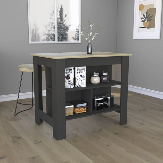 27.5Inch Kitchen Island Table with Storage for Home, Kitchen and Dining Room, 2 Shelves, Black&Natural