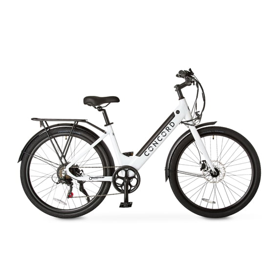 Concord 27.5" Step-Thru Electric Bike, 36V, Class 2, Aluminum, 49 Pounds, White, Unisex, Fits Riders 5'1" - 6'1"