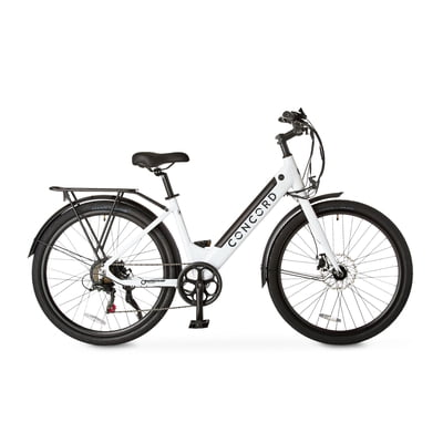 Concord 27.5" Step-Thru Electric Bike, 36V, Class 2, Aluminum, 49 Pounds, White, Unisex, Fits Riders 5'1" - 6'1"