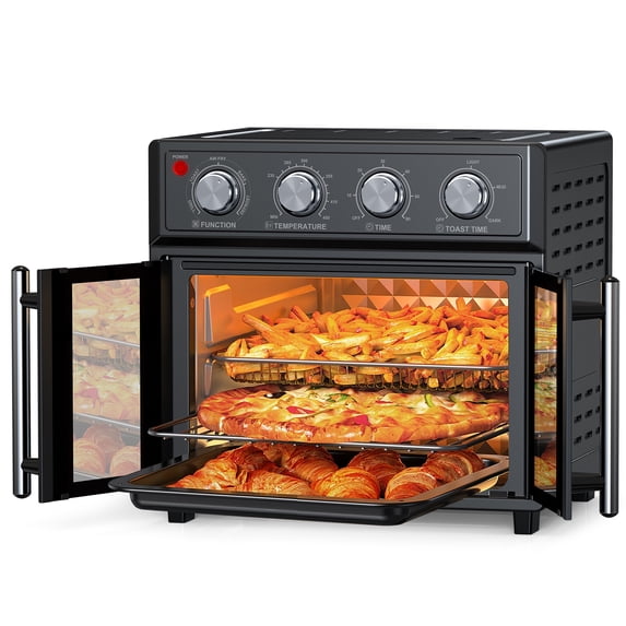 27.5QT Black Air Fryer Oven – 3-Layer Simultaneous Baking, 7 Presets, Double-Door Design for Family Meals