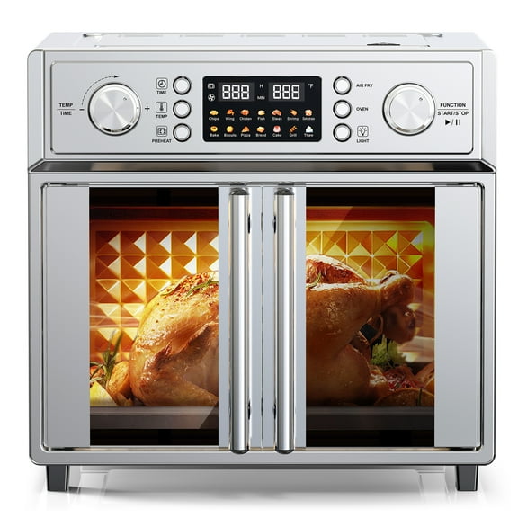 27.5QT  Countertop Oven,  French Door Air Fryer Toaster Oven Combo with 14 Presets & Digital Control, Stainless Steel Large Toaster Oven for Baking, Roasting, 1700W, Includes Accessories,Silver