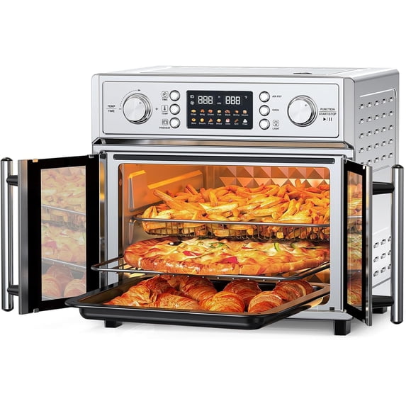 27.5QT French Door Air Fryer Toaster Oven Combo, Countertop Oven with 14 Presets & Digital Control, Extra Large Toaster Oven for Baking, Roasting, Accessories Includes, Stainless Steel