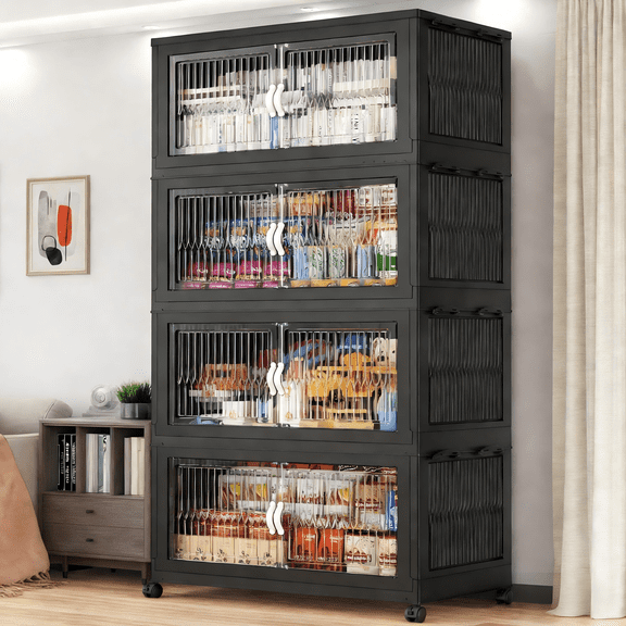 480QtStorage Bins with Lids - Folding Storage box with Doors and Wheels, Collapsible Plastic Storage Bins for Closets, Stackable Storage Organizer, Storage Containers for Closet, 4 Pack