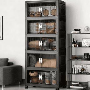 640Qt Stackable Storage Bins with Lid, Plastic Closet Organizers and Storage Drawer, Collapsible Storage Box with Wheels, Folding Storage Cabinet for Closet Clothes Organization, 5Pack
