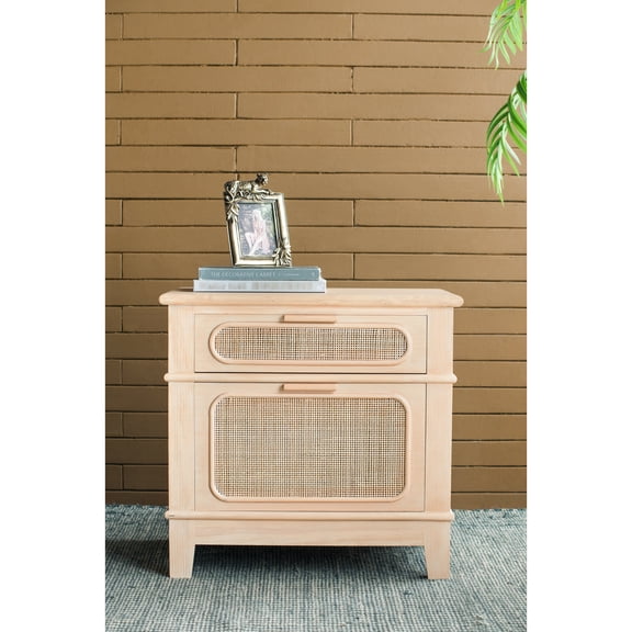 27.5x18x26" Bedside Table With Mid-century Bohemian Allure, Pine Wood Veneer And Cane Chest