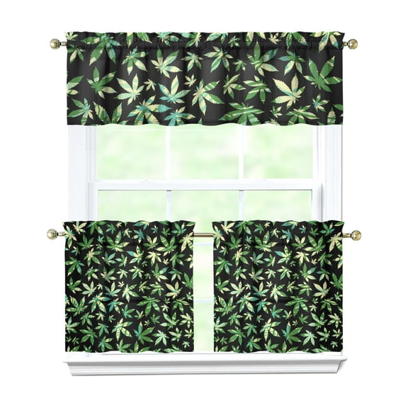 27.5x24in Kitchen Curtain Set of 3, Polyester Window Drapes with Bamboo Maple Leaf Print, Tier and Valance Panels for Small Spaces like Bathroom or Camper
