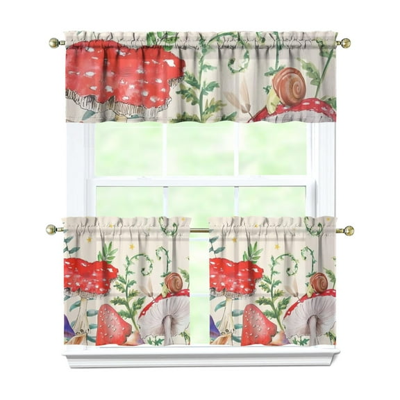 27.5x24in Mushroom Kitchen Curtains Set of 3, Polyester Botanical Tier Panels and Valance, Rustic Forest Window Treatment for Fall and Thanksgiving Home Decor