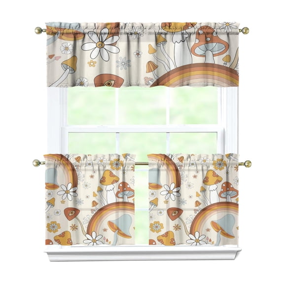27.5x24in Mushroom Themed Kitchen Curtains 3pcs Set, Polyester Botanical Tier Panels and Valance, Rustic Forest Window Drapes for Autumn and Holiday Use