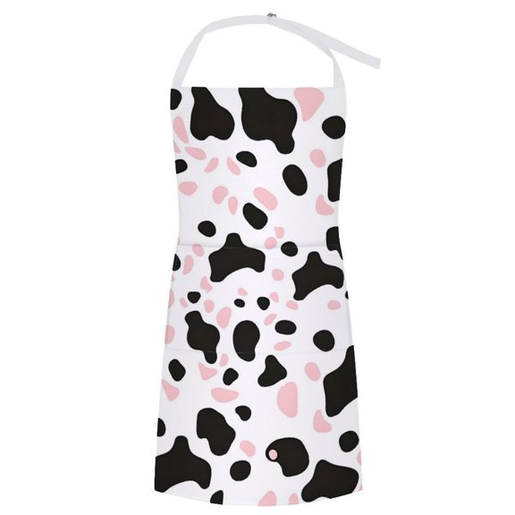 27.631.5in Pocket Apron Non-Wrinkle Non-Shrinkage Waterproof Convenient Cleaning Easy Care Large Pocket Design Simple Cow Print Pattern White Background, Pink And White_1
