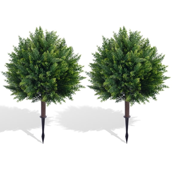 27.6'' Artificial Cedar Topiary Ball Trees, Set of 2 Fake Cypress Bushes Shrubs with Spikes UV Resistant Evergreen Faux Cypress Tree Plants for Planters Front Porch Outside Spring Garden Decor