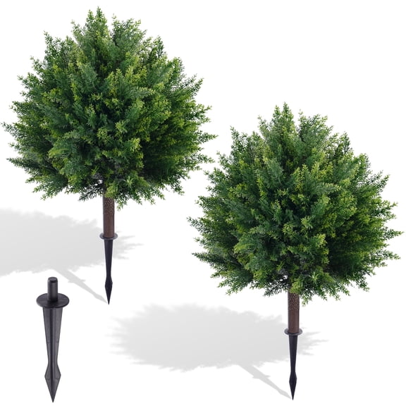 27.6'' Artificial Cedar Topiary Ball Trees, Set of 2 Fake Cypress Bushes Shrubs with Spikes UV Resistant Evergreen Faux Cypress Tree Plants for Planters Front Porch Outside Spring Garden Decor