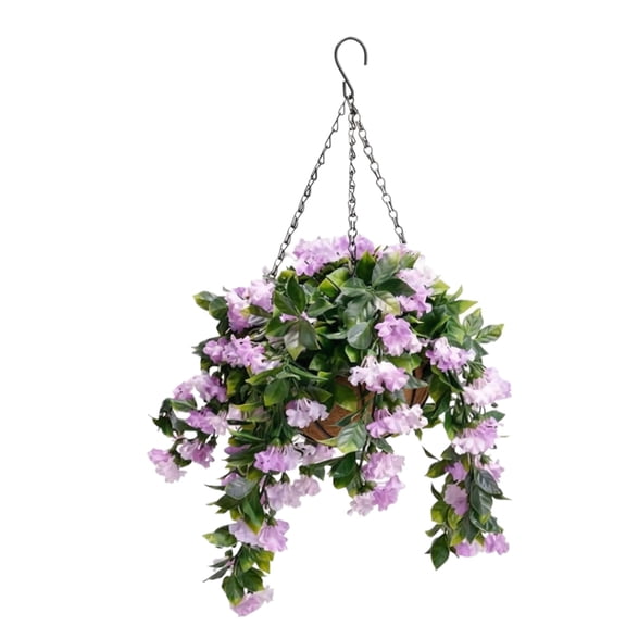 27.6" Artificial Crepe Myrtle Hanging Basket, Fake Silk Flowers in Planter, UV Resistant Outdoor Decor for Spring Porch, Patio & Garden, Valentines Day Decorations Purple