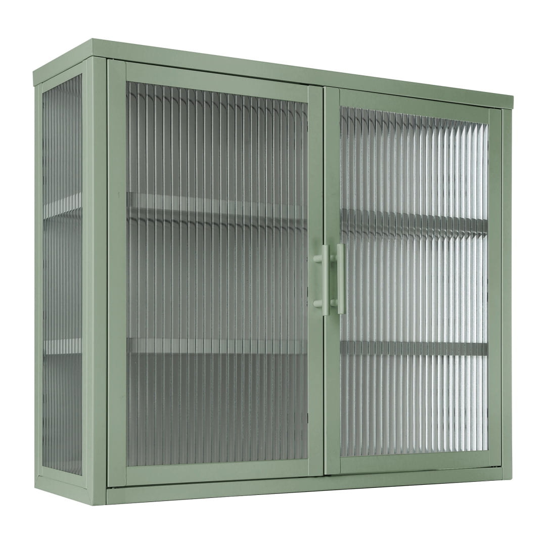 27.6" Bathroom Cabinet Wall Mount, Glass Wall Cabinet with Fluted Glass Doors and Adjustable ...
