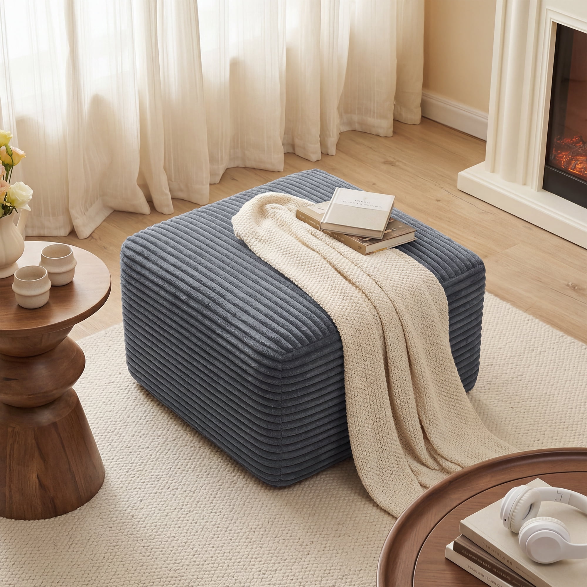 27.6" Corduroy Square Upholstered Ottoman, Soft Padded Foot Stool for Living Room Bedroom Decor