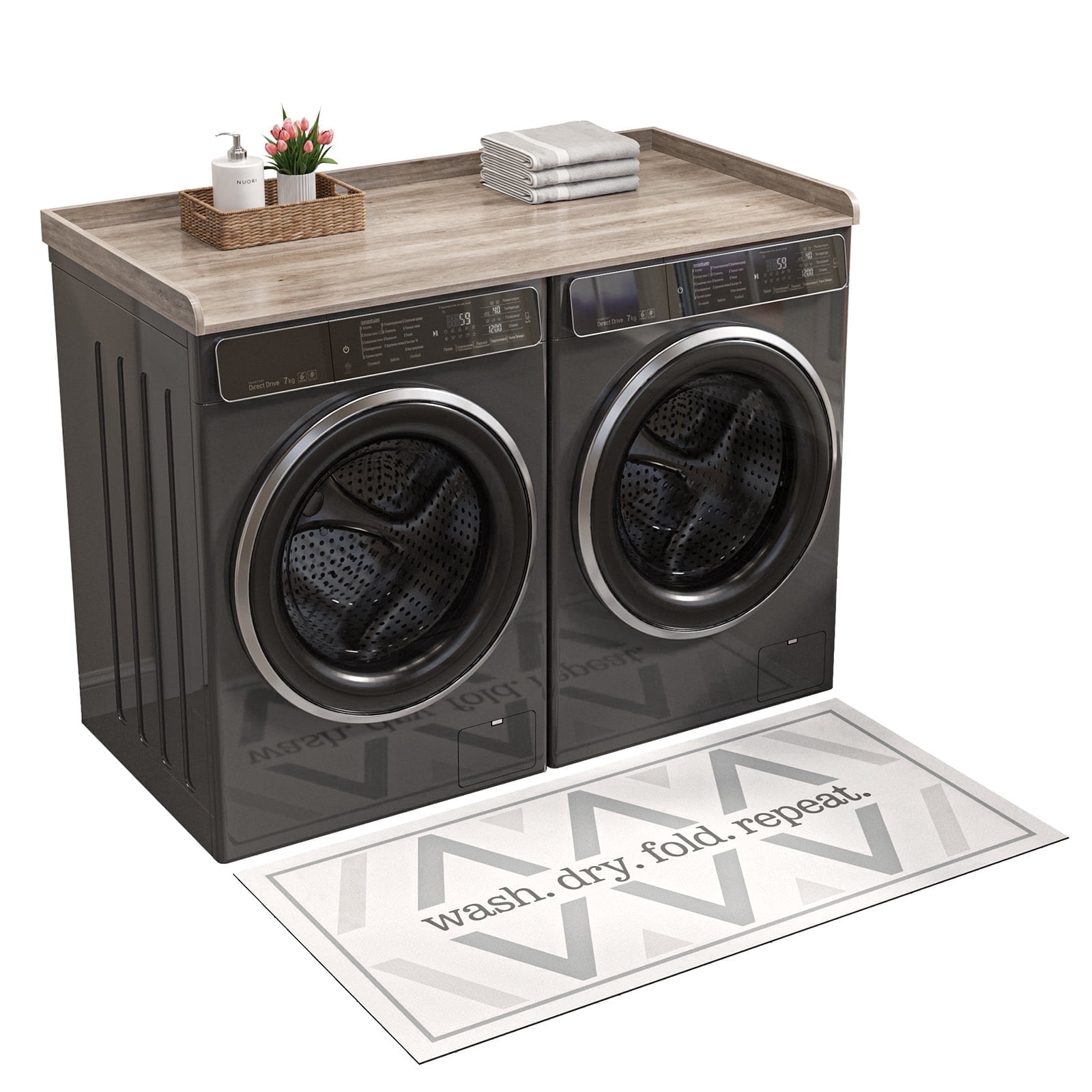27.6" D x 54" W Wood Washer Dryer Countertop with Anti-Slip Pad, Laundry Room Organization Set, Dryer Covers for The Top with Edge Rails, Washer Dryer Topper for Laundry Room, Grey