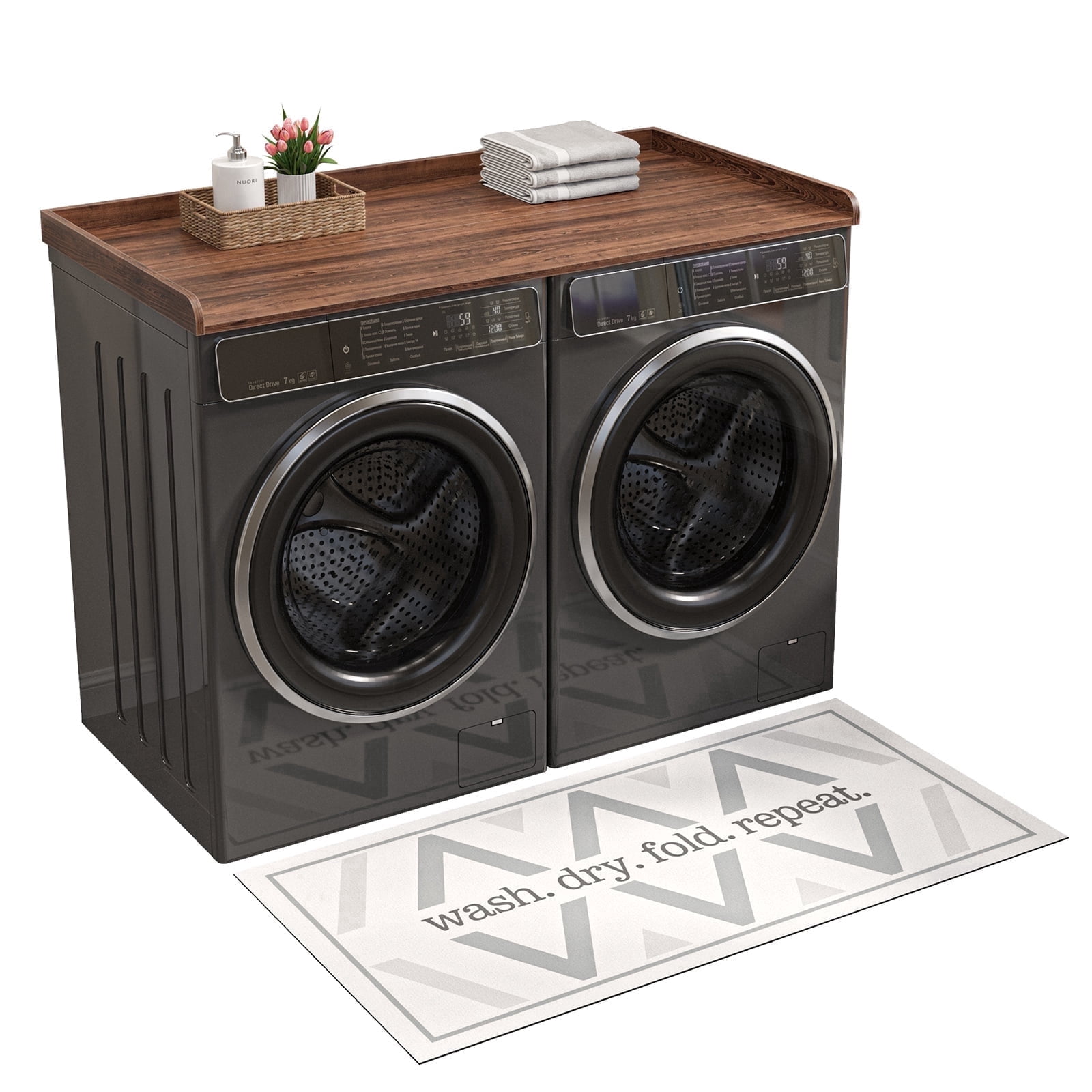 27.6" D x 54" W Wood Washer Dryer Countertop with Anti-Slip Pad, Laundry Room Organization Set, Dryer Covers for The Top with Edge Rails, Washer Dryer Topper for Laundry Room, Walnut