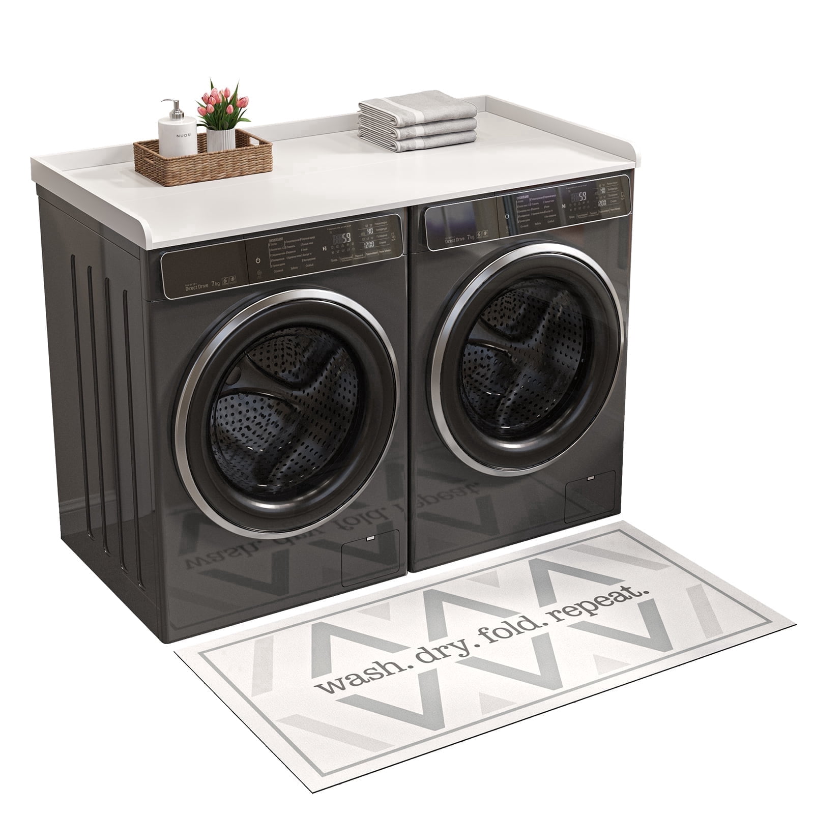 27.6" D x 54" W Wood Washer Dryer Countertop with Anti-Slip Pad, Laundry Room Organization Set, Dryer Covers for The Top with Edge Rails, Washer Dryer Topper for Laundry Room, White