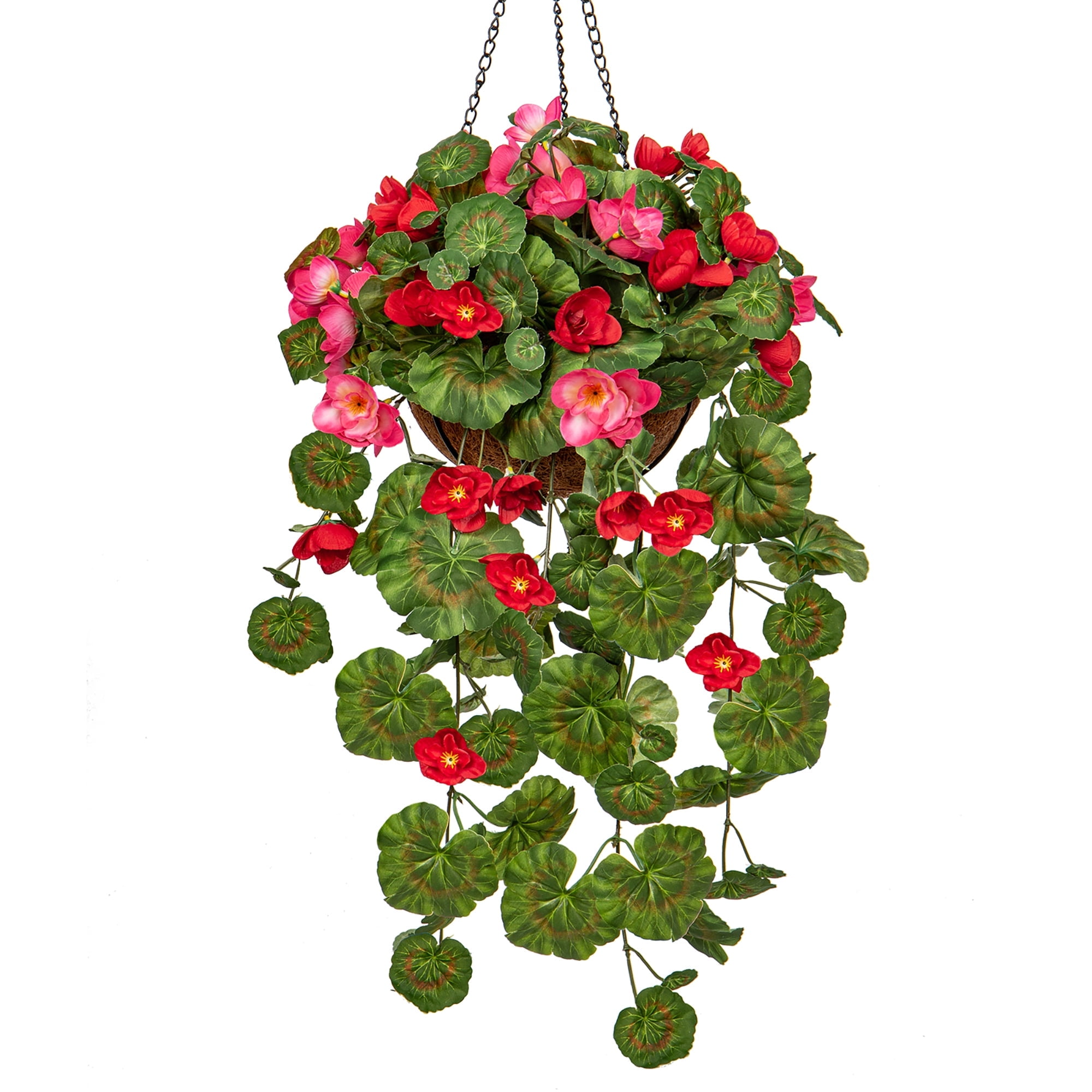 27.6’’ Geraniums Fake Flowers Hanging Basket Outdoor, Silk Summer Vine Faux Flowers, Begonia Artificial Flowers, 5.9’’ Coconut Basket, for Home Farmhouse Balcony Indoor Patio Garden Decor