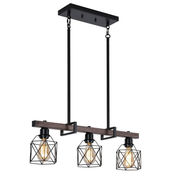 27.6" Height Adjustable 3-Light Pendant Light, Industrial Metal Faux Wood Chandelier for Kitchen Island, Dining Room, Black