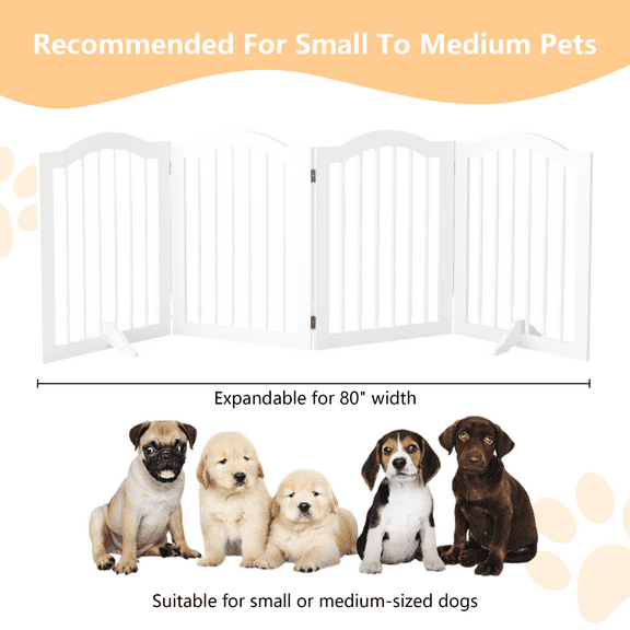 27.6" Height Tall Freestanding Pet Gate,4 Panels Foldable Dog Gate,Freestanding Dog Fence,Solid Wood Folding Safety Fence Wooden Dog Gate with 2 pcs Support Feet Ideal for Stairs, Doorways,Halls,White